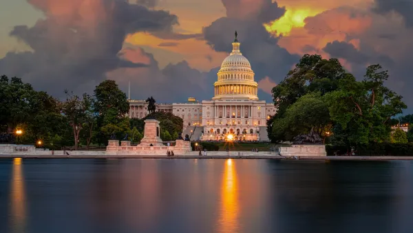The United States Capitol Building at sunset, as seen from across the reflecting pool.