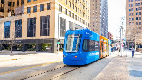 Blue Oklahoma City streetcar in downtown.