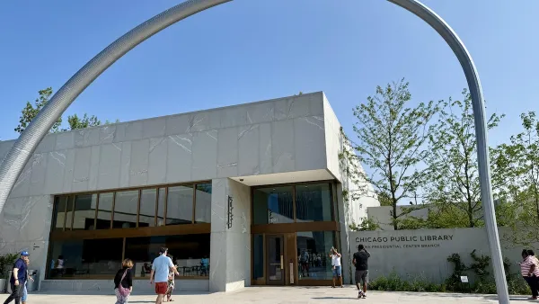 Visitors view the Obama Presidential Branch of the Chicago Public Library on the campus of the Obama Presidential Center