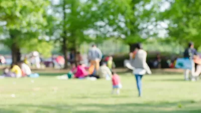Blurred image of people hanging out on green lawn in a park with green trees in background
