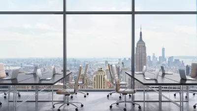 Workplaces in a modern panoramic office, New York city view from the windows. Open space. Black tables and brown leather chairs. A concept of financial consulting services. 3D rendering.