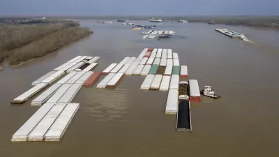 Aerial view of shipping barge on the Mississippi River