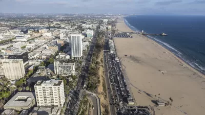 Aerial view of Santa Monica, California beach and buildings