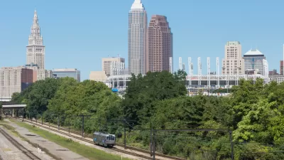 Cleveland skyline with GCRTA train in foreground