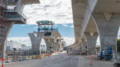 Concrete highway overpasses under construction, view from below