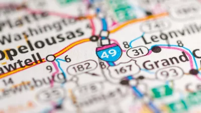Close-up of Interstate 49 sign on road map
