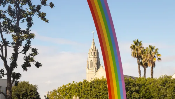 Rainbow, a public art installation by American artist Tony Tasset, rises 94 feet above Sony Pictures Studios in Culver City 