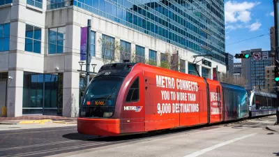 Red Metrorail train in downtown Houston, Texas