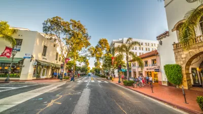 Spanish-style State Street commercial buildings in downtown Santa Barbara, California
