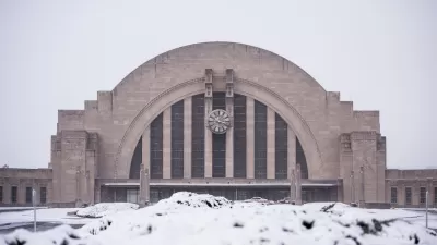 View of snowy Union Station building in Cincinnati, Ohio