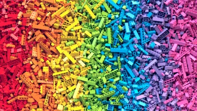 Pile of Lego bricks lined up by color