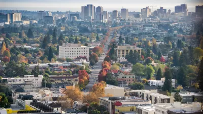 Aerial view of Oakland, California with bay in background