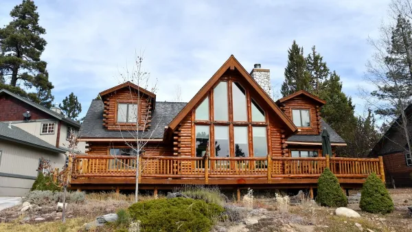Wood A-frame cabin in Big Bear, California.