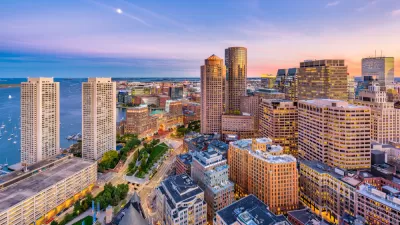 Aerial view of high-rise buildings on waterfront in Boston, Massachusetts