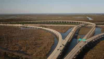 Aerial view of I-10 junction over swamp near New Orleans, Louisiana