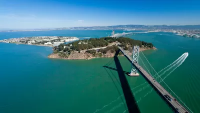 San Francisco Bay bridge and Treasure Island aerial view