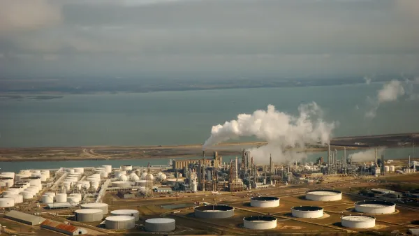 Aerial view of liquid storage tanks and the coast in Corpus Christi, Texas.