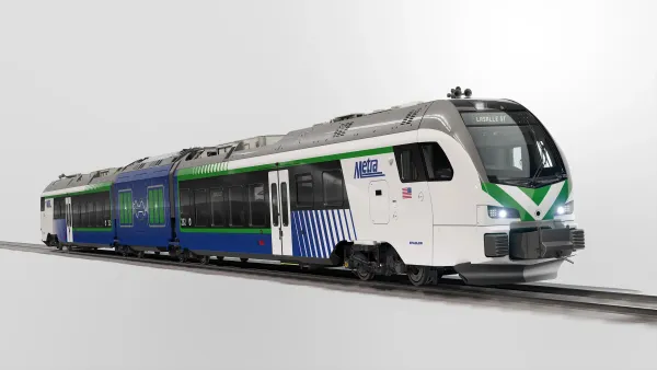 A battery-powered train. The front of the train is white, it gradually fades into a dark blue color.