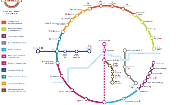 Map of London Superloop bus rapid transit system.