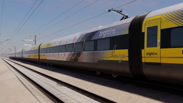 Rendering of white and yellow Brightline West train lounge car in motion.