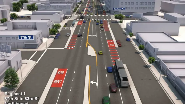 A rendering of the Vermont BRT line, which shows two red bus lanes.