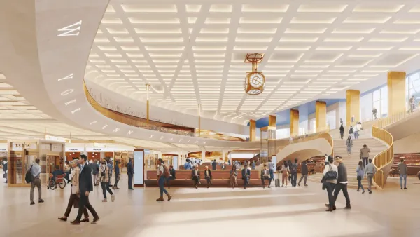 Rendering of people walking through redesigned Penn Station concourse with wooden benches.