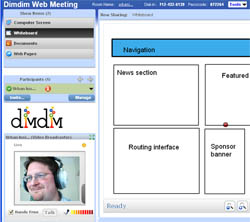 Image of a sample DimDim web conference with video and a whitebaord
