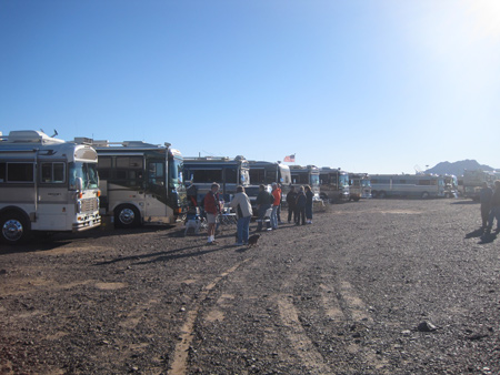 A rally of Blue Bird Wanderlodge owners gathers in the LTVA outside of Quartzsite.